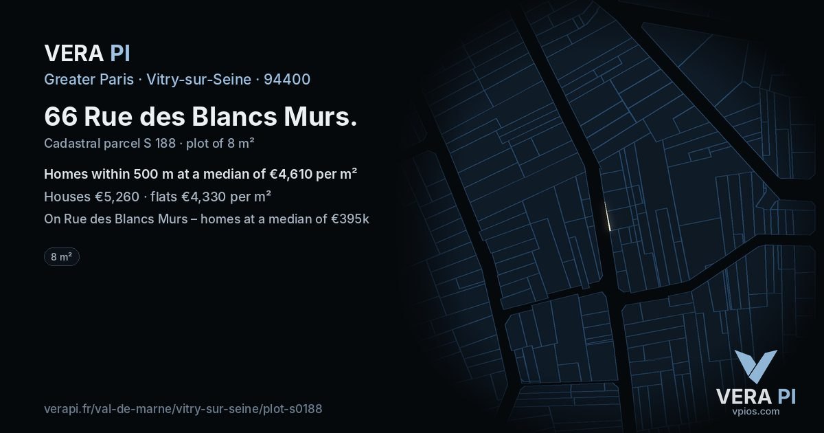 66 Rue des Blancs Murs, Vitry-sur-Seine at night – the plot lit, the parcels around coloured by the prices near them