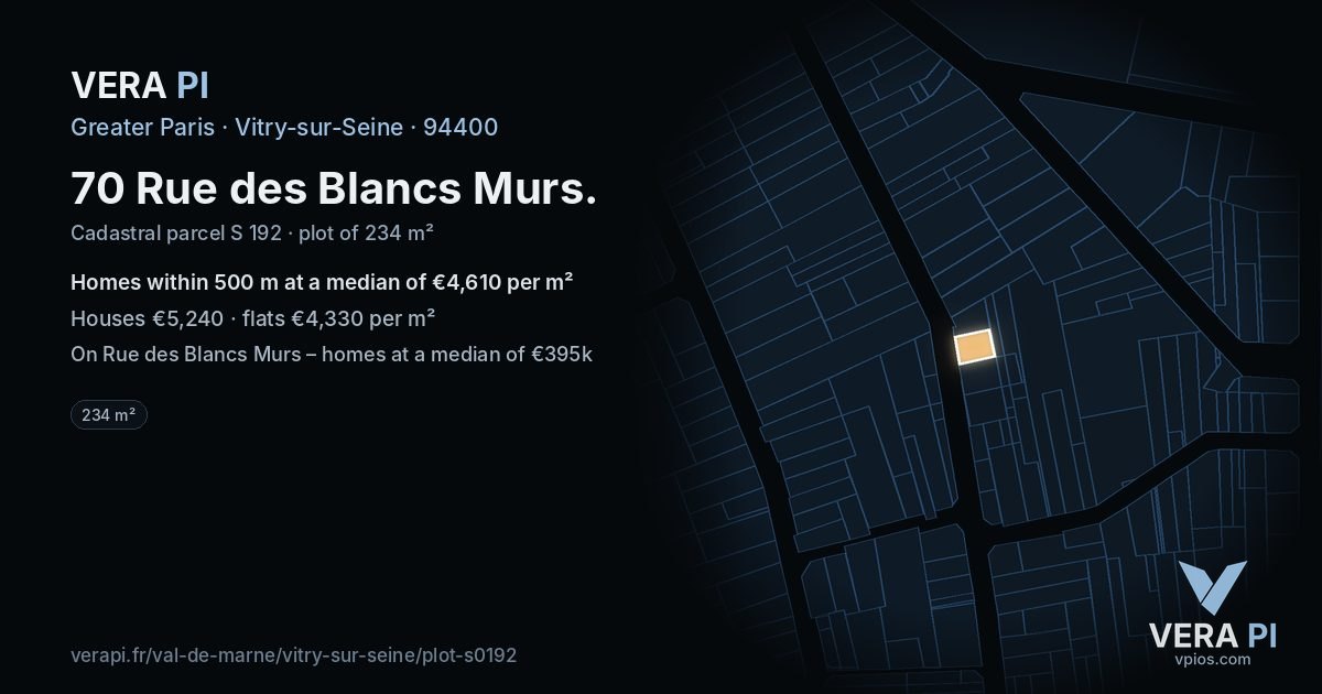 70 Rue des Blancs Murs, Vitry-sur-Seine at night – the plot lit, the parcels around coloured by the prices near them