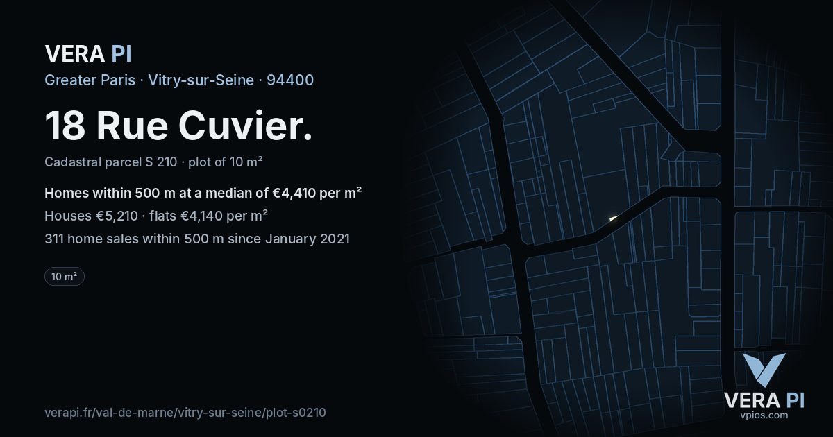 18 Rue Cuvier, Vitry-sur-Seine at night – the plot lit, the parcels around coloured by the prices near them