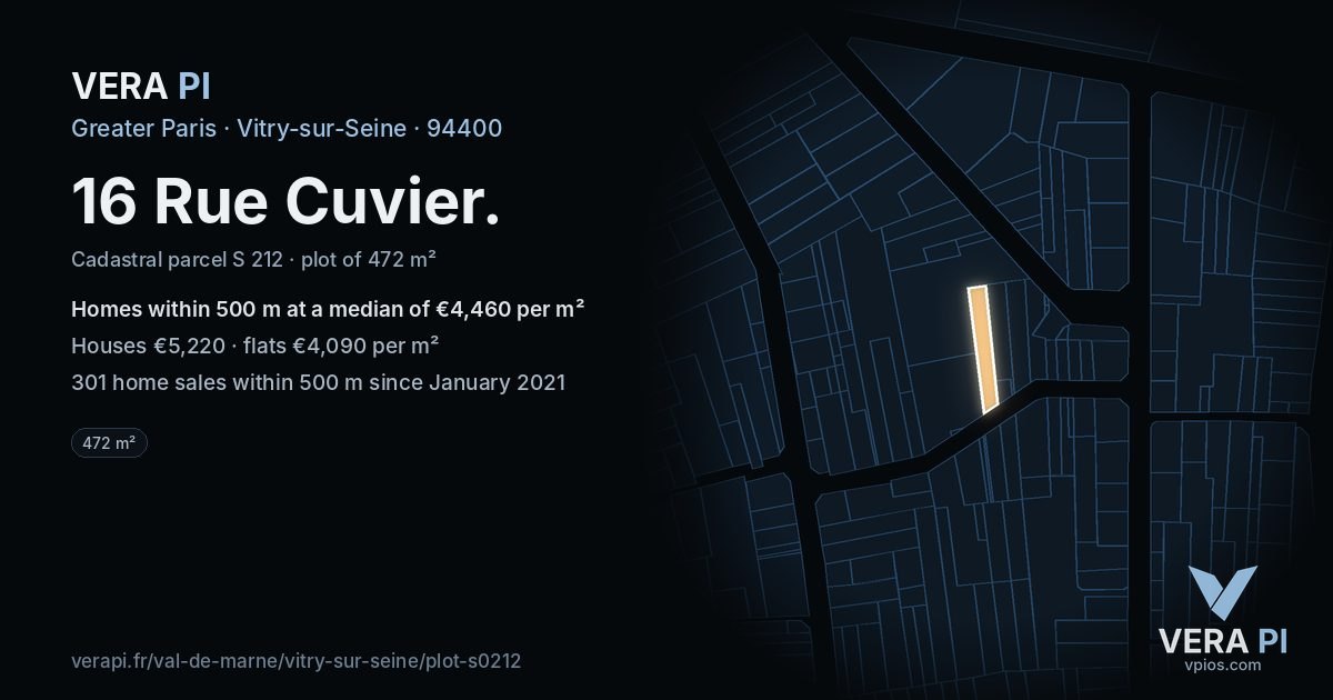 16 Rue Cuvier, Vitry-sur-Seine at night – the plot lit, the parcels around coloured by the prices near them