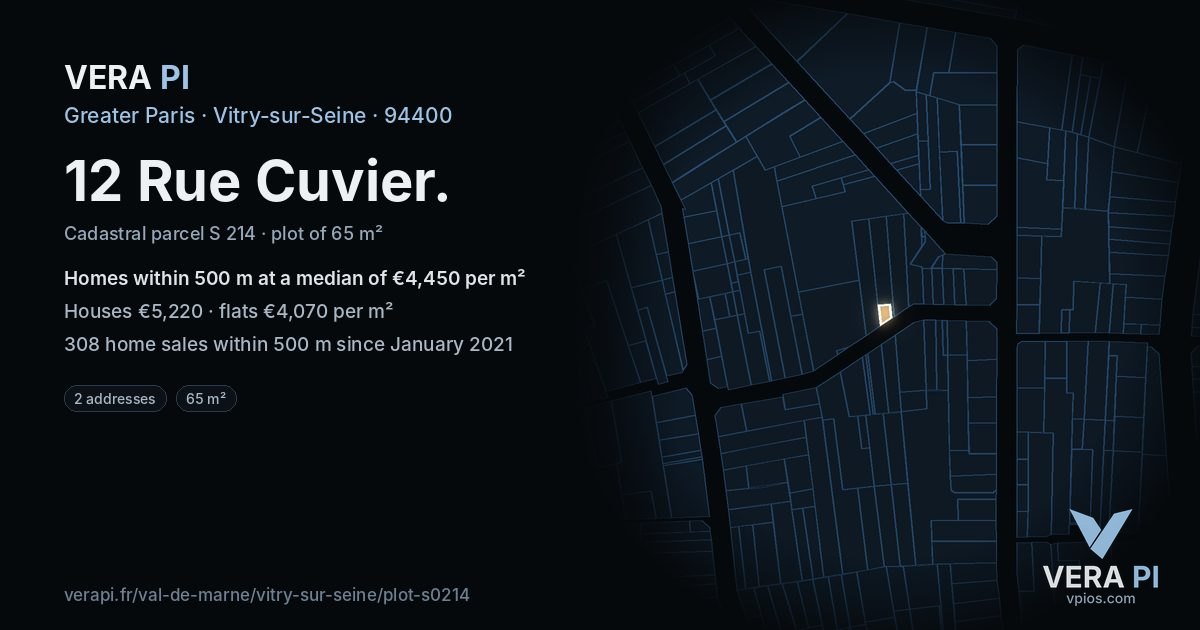 12 Rue Cuvier, Vitry-sur-Seine at night – the plot lit, the parcels around coloured by the prices near them