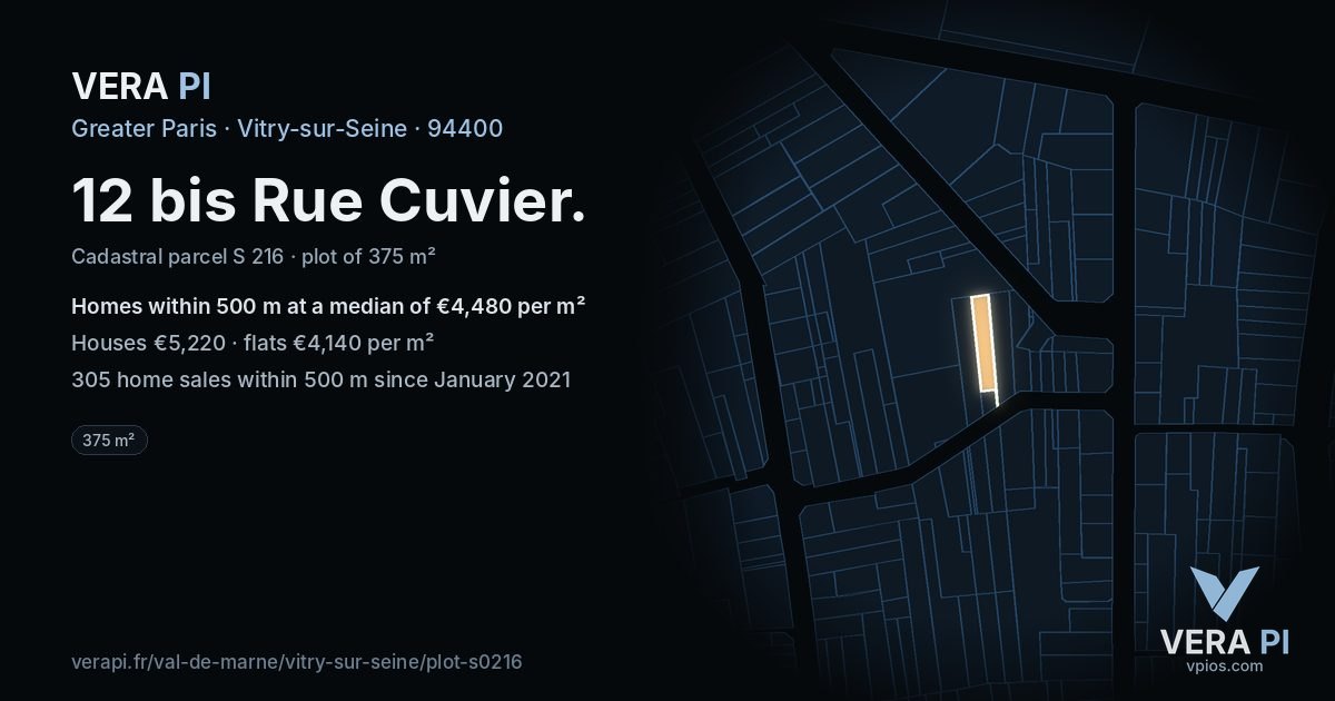 12 bis Rue Cuvier, Vitry-sur-Seine at night – the plot lit, the parcels around coloured by the prices near them