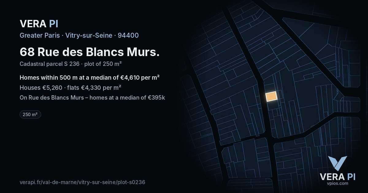 68 Rue des Blancs Murs, Vitry-sur-Seine at night – the plot lit, the parcels around coloured by the prices near them