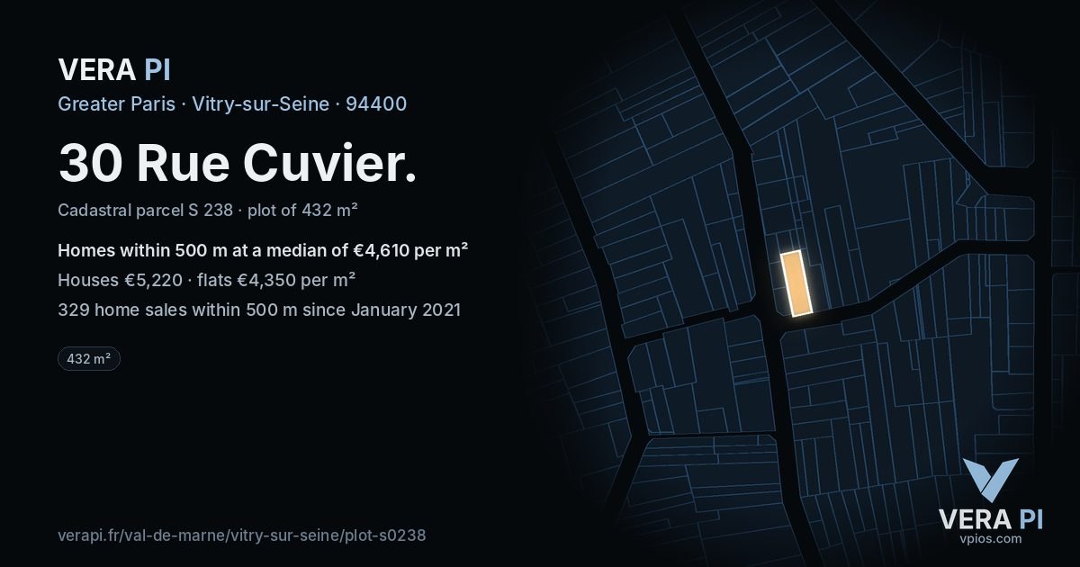 30 Rue Cuvier, Vitry-sur-Seine at night – the plot lit, the parcels around coloured by the prices near them