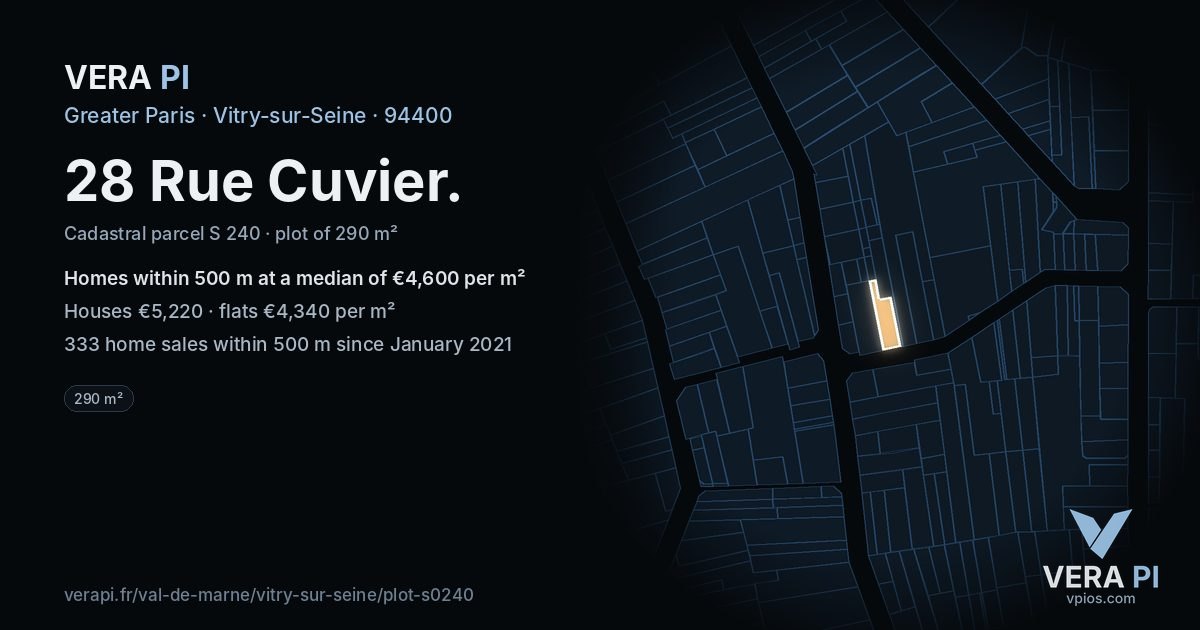 28 Rue Cuvier, Vitry-sur-Seine at night – the plot lit, the parcels around coloured by the prices near them