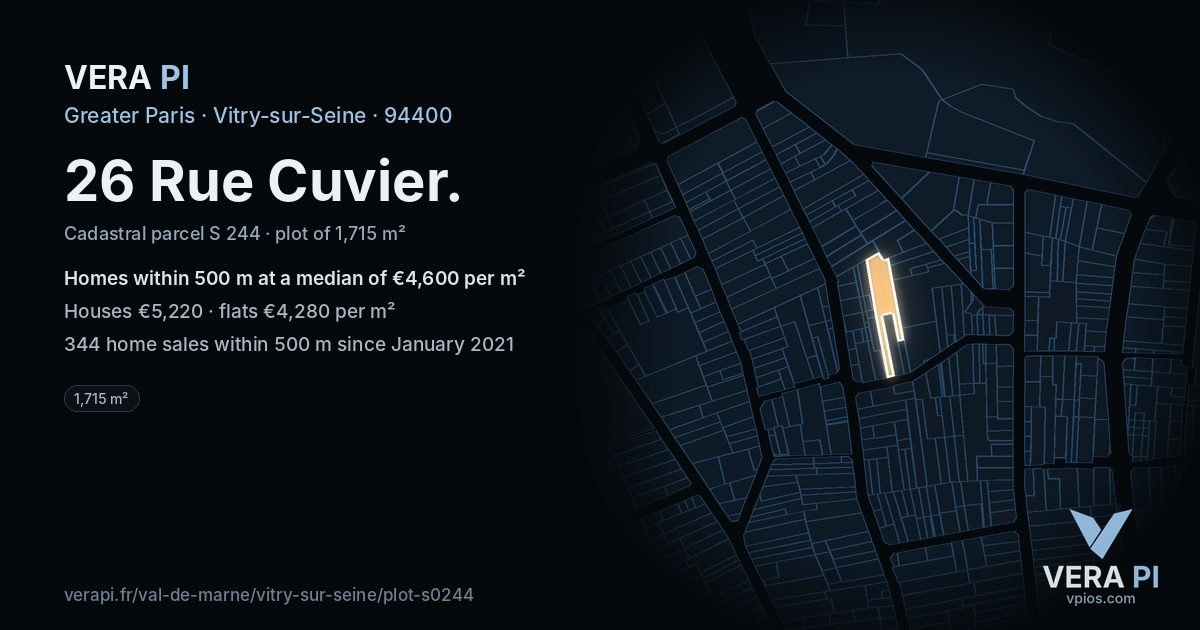 26 Rue Cuvier, Vitry-sur-Seine at night – the plot lit, the parcels around coloured by the prices near them