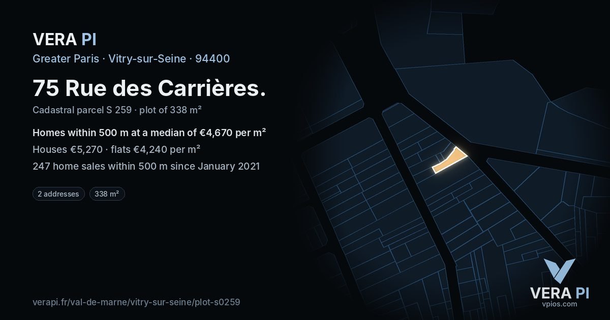75 Rue des Carrières, Vitry-sur-Seine at night – the plot lit, the parcels around coloured by the prices near them