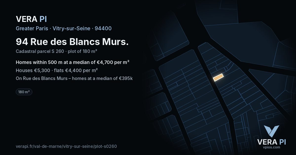 94 Rue des Blancs Murs, Vitry-sur-Seine at night – the plot lit, the parcels around coloured by the prices near them