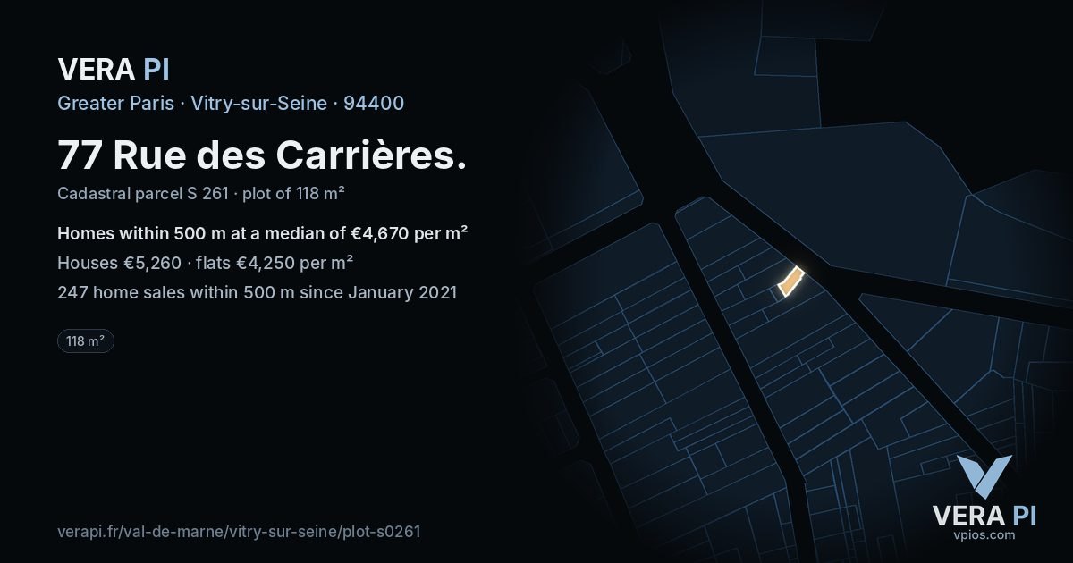 77 Rue des Carrières, Vitry-sur-Seine at night – the plot lit, the parcels around coloured by the prices near them