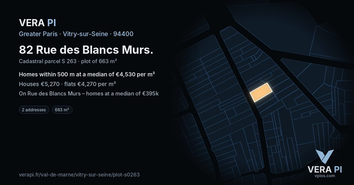 82 Rue des Blancs Murs, Vitry-sur-Seine at night – the plot lit, the parcels around coloured by the prices near them