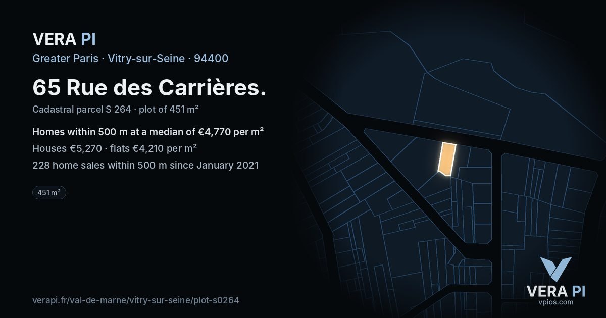 65 Rue des Carrières, Vitry-sur-Seine at night – the plot lit, the parcels around coloured by the prices near them