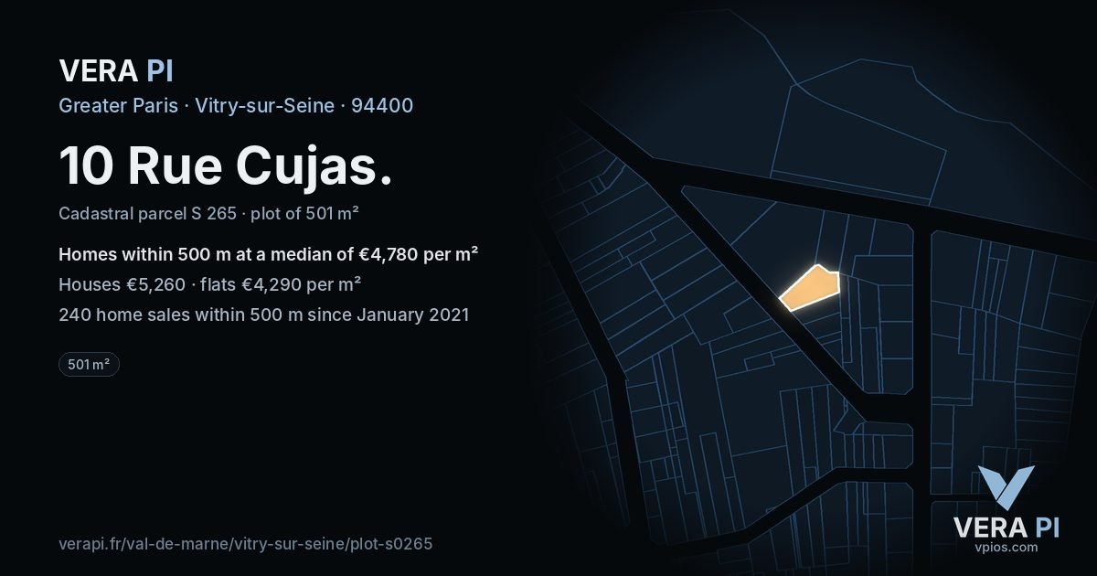 10 Rue Cujas, Vitry-sur-Seine at night – the plot lit, the parcels around coloured by the prices near them