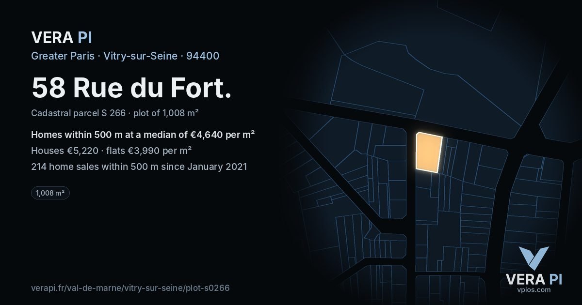 58 Rue du Fort, Vitry-sur-Seine at night – the plot lit, the parcels around coloured by the prices near them