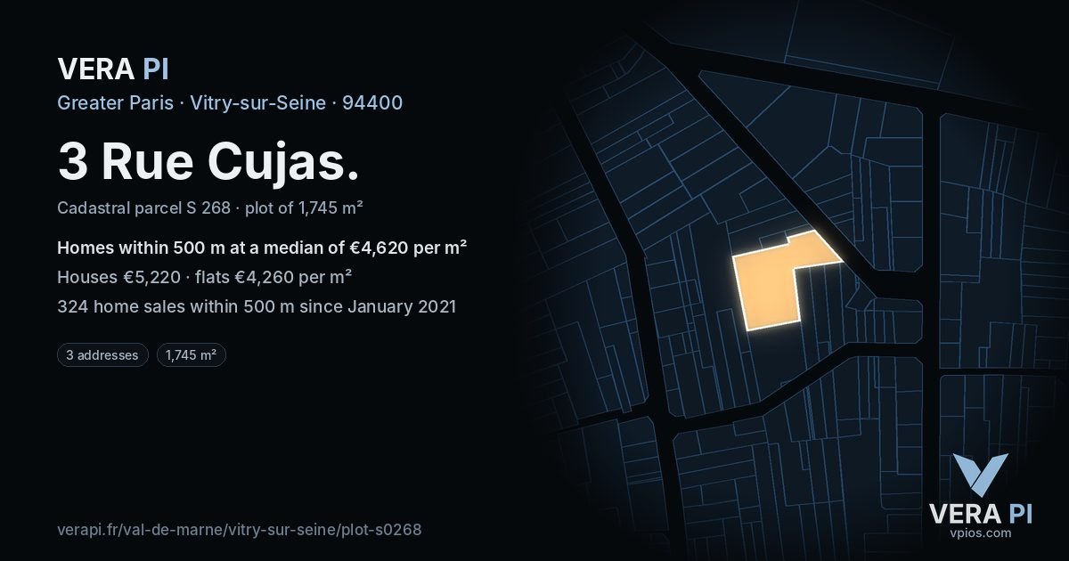 3 Rue Cujas, Vitry-sur-Seine at night – the plot lit, the parcels around coloured by the prices near them