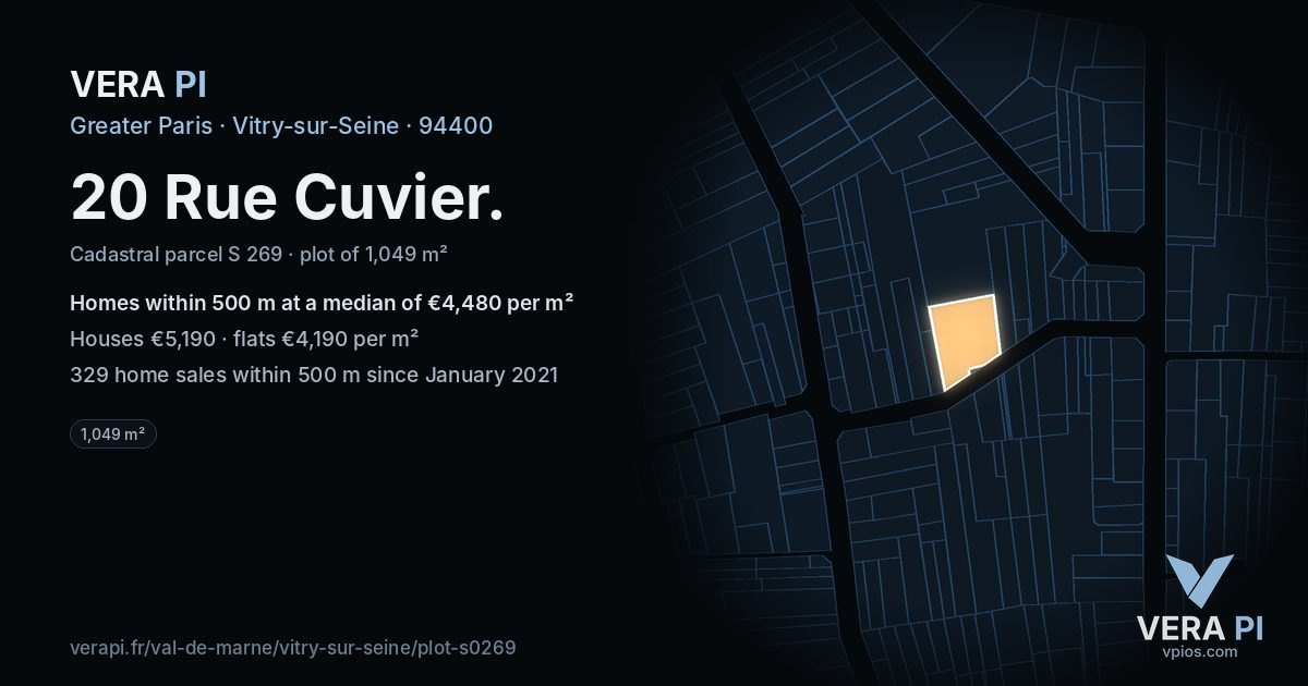 20 Rue Cuvier, Vitry-sur-Seine at night – the plot lit, the parcels around coloured by the prices near them