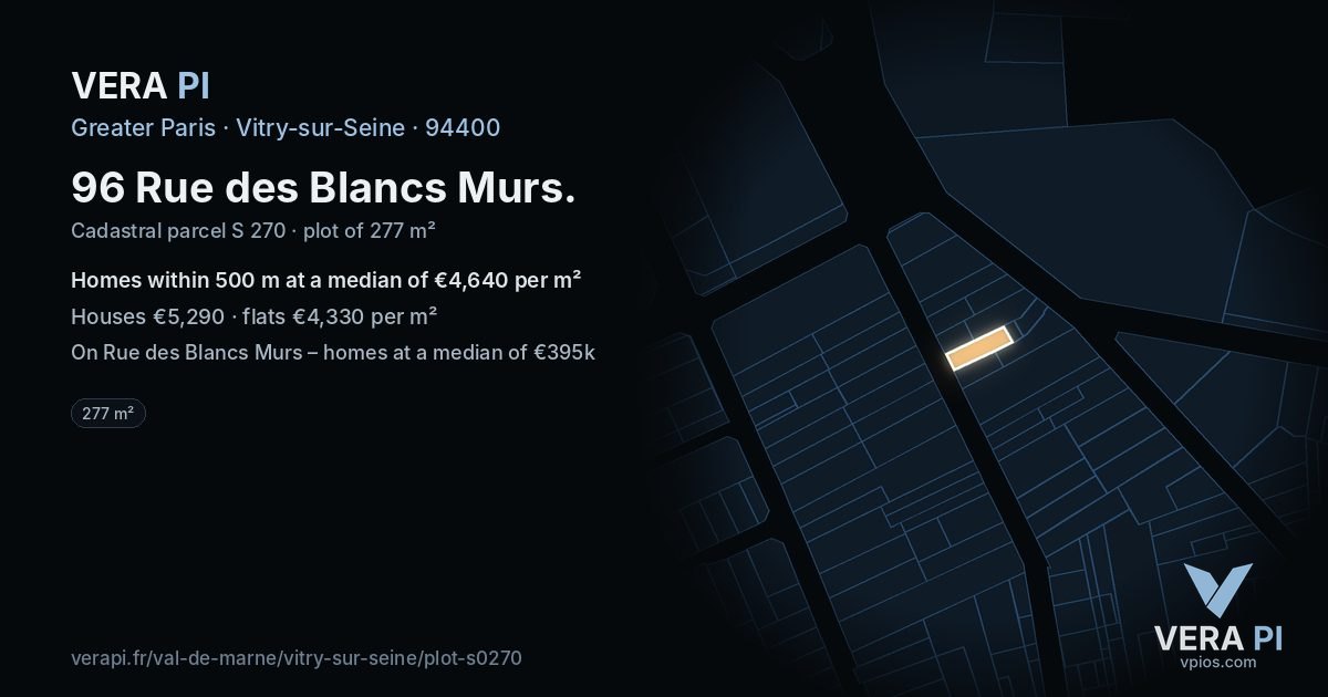 96 Rue des Blancs Murs, Vitry-sur-Seine at night – the plot lit, the parcels around coloured by the prices near them