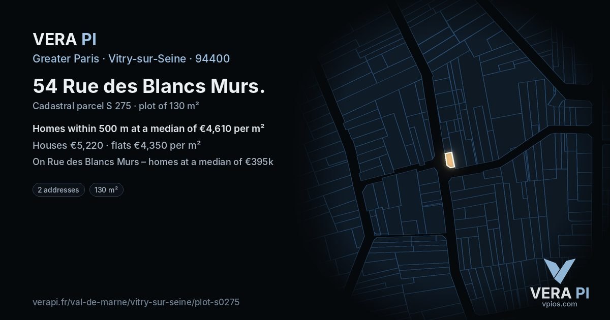 54 Rue des Blancs Murs, Vitry-sur-Seine at night – the plot lit, the parcels around coloured by the prices near them