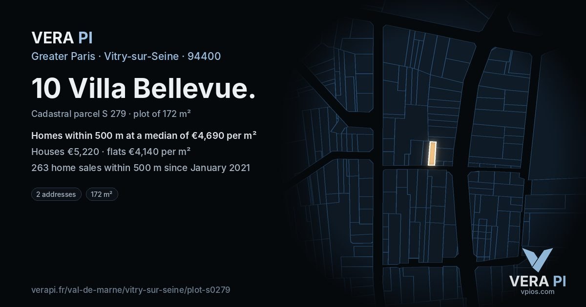 10 Villa Bellevue, Vitry-sur-Seine at night – the plot lit, the parcels around coloured by the prices near them