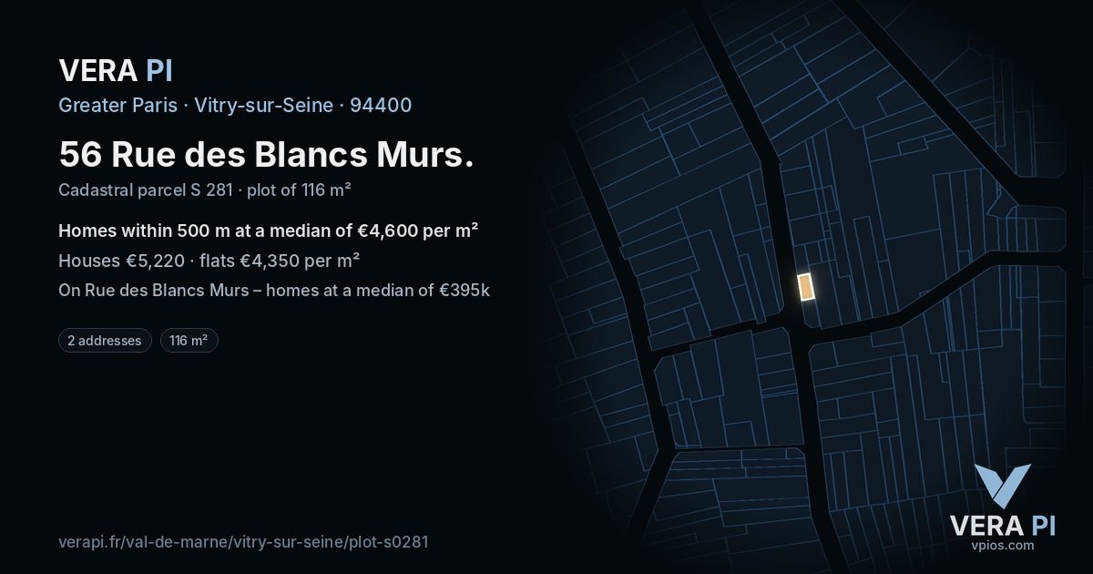 56 Rue des Blancs Murs, Vitry-sur-Seine at night – the plot lit, the parcels around coloured by the prices near them