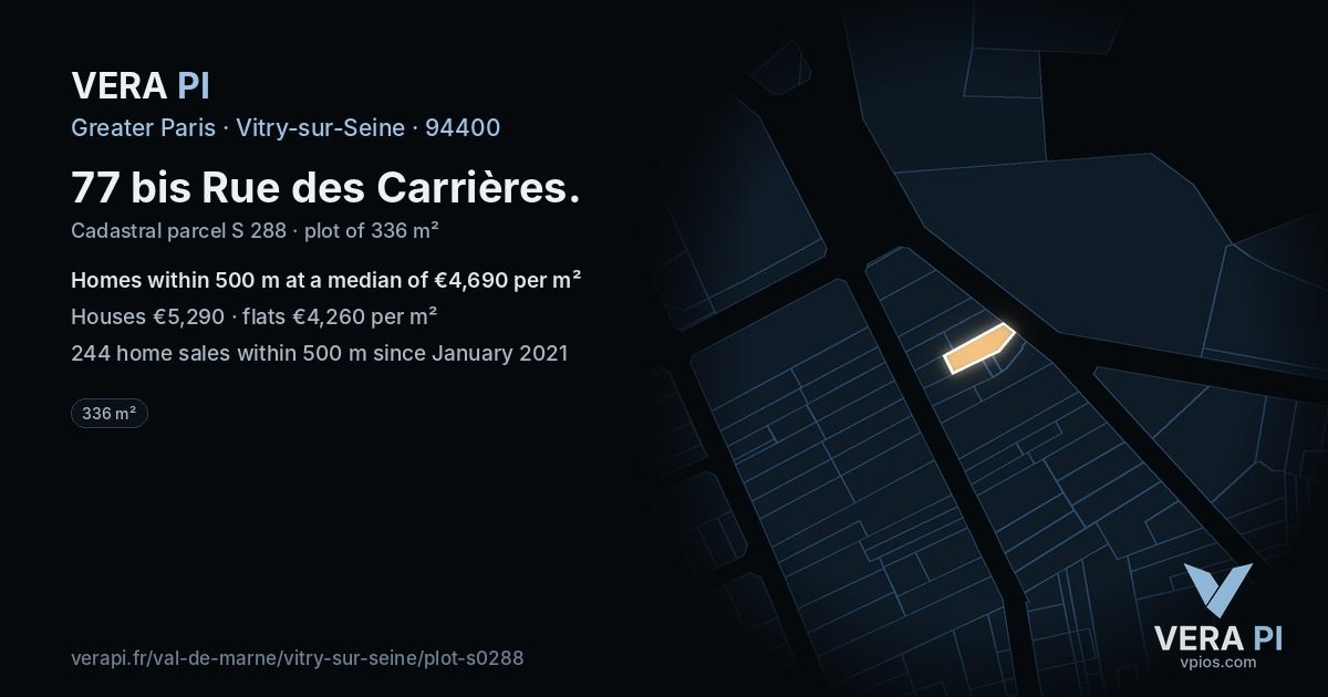 77 bis Rue des Carrières, Vitry-sur-Seine at night – the plot lit, the parcels around coloured by the prices near them