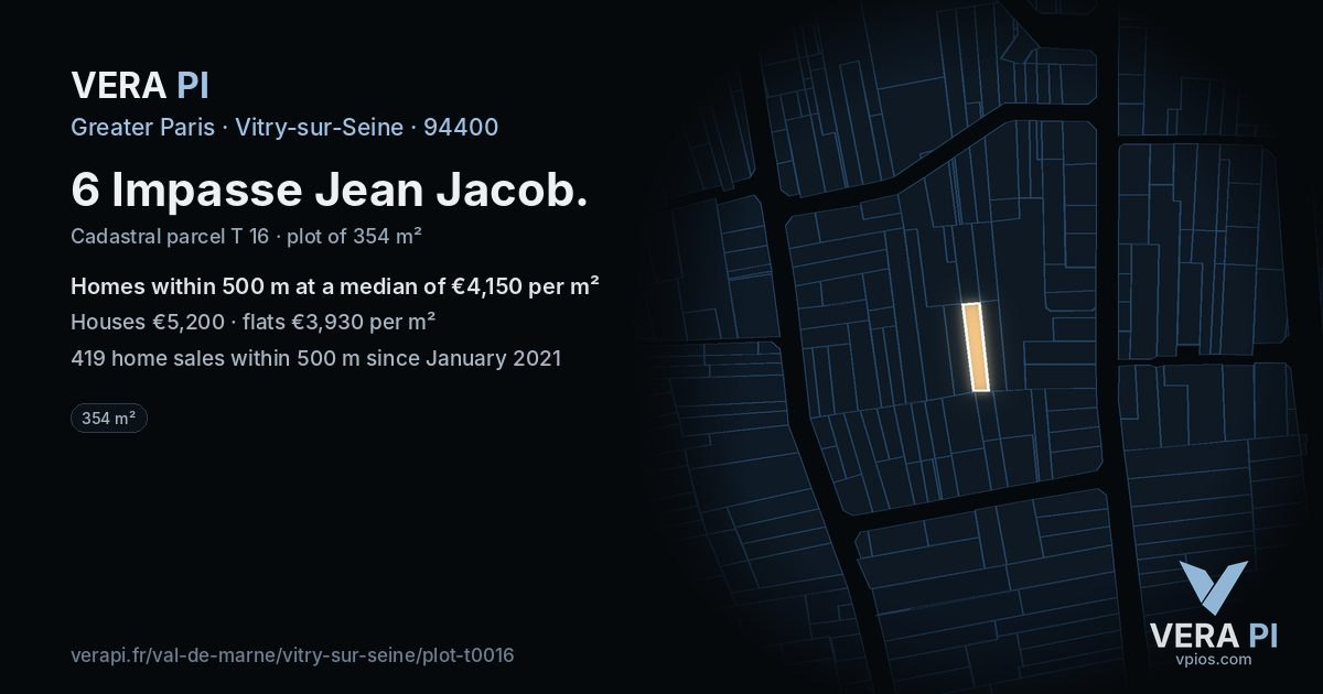 6 Impasse Jean Jacob, Vitry-sur-Seine at night – the plot lit, the parcels around coloured by the prices near them