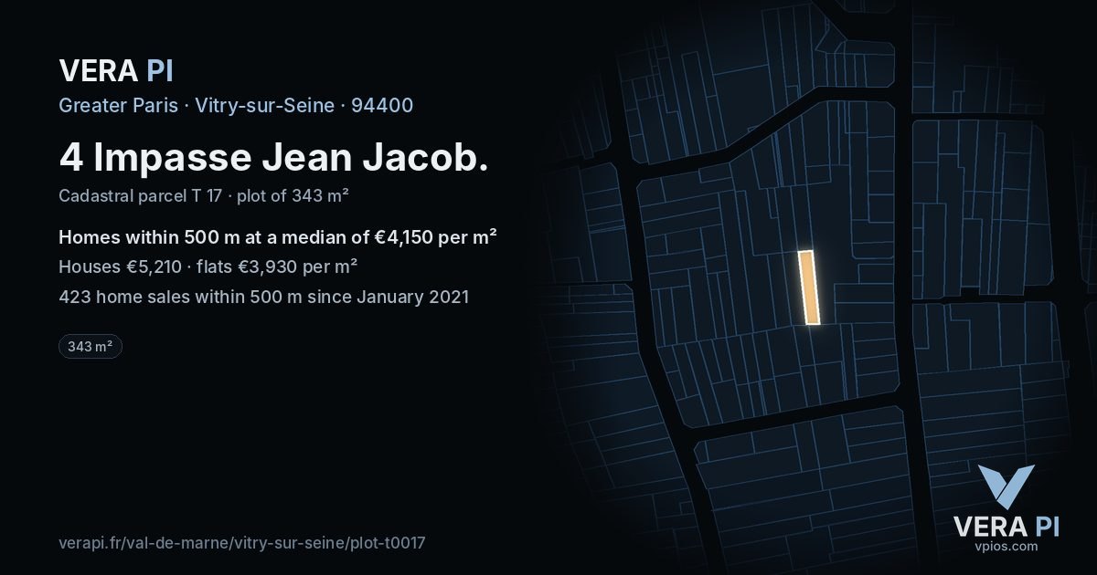 4 Impasse Jean Jacob, Vitry-sur-Seine at night – the plot lit, the parcels around coloured by the prices near them