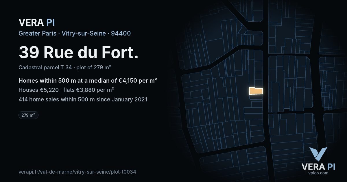 39 Rue du Fort, Vitry-sur-Seine at night – the plot lit, the parcels around coloured by the prices near them