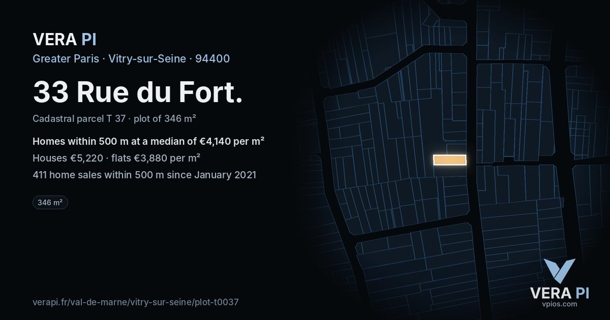 33 Rue du Fort, Vitry-sur-Seine at night – the plot lit, the parcels around coloured by the prices near them