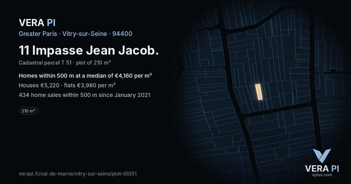 11 Impasse Jean Jacob, Vitry-sur-Seine at night – the plot lit, the parcels around coloured by the prices near them
