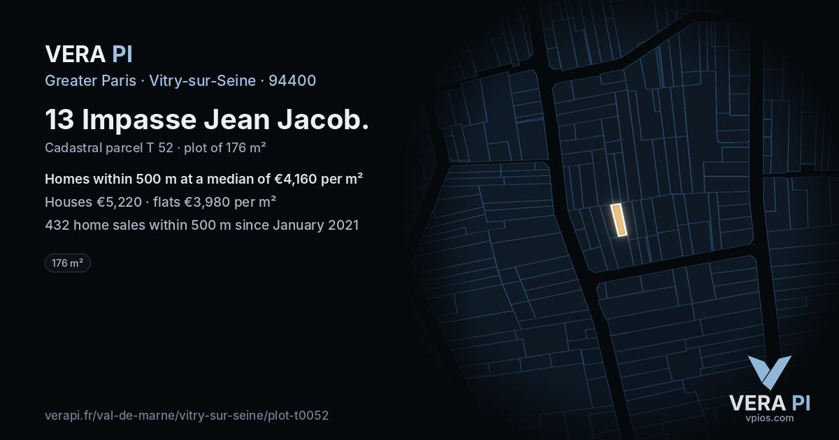 13 Impasse Jean Jacob, Vitry-sur-Seine at night – the plot lit, the parcels around coloured by the prices near them