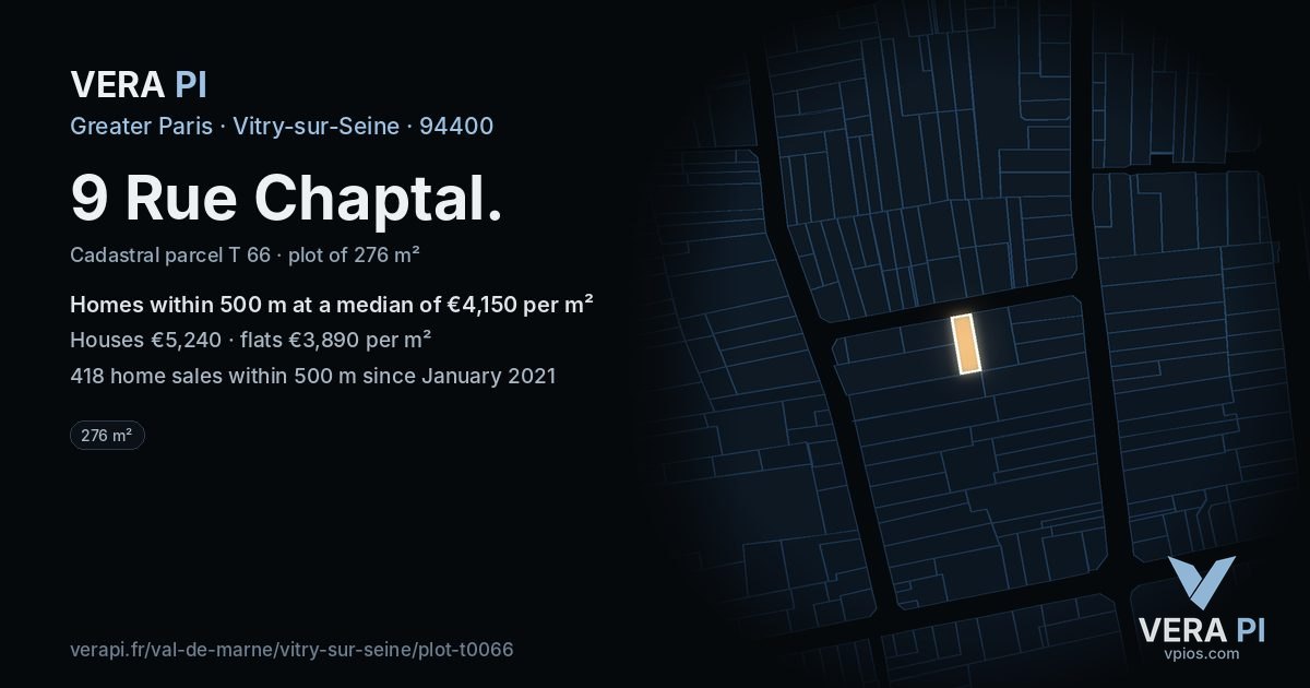 9 Rue Chaptal, Vitry-sur-Seine at night – the plot lit, the parcels around coloured by the prices near them