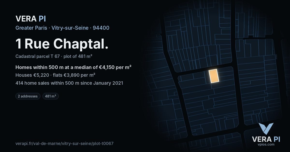 1 Rue Chaptal, Vitry-sur-Seine at night – the plot lit, the parcels around coloured by the prices near them