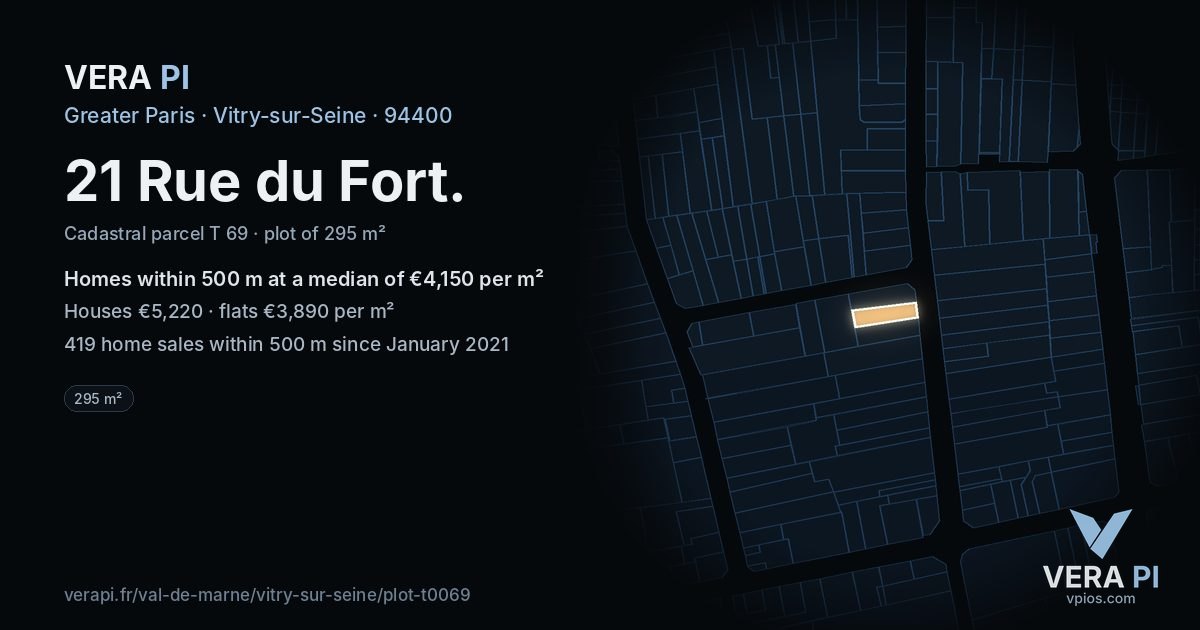 21 Rue du Fort, Vitry-sur-Seine at night – the plot lit, the parcels around coloured by the prices near them