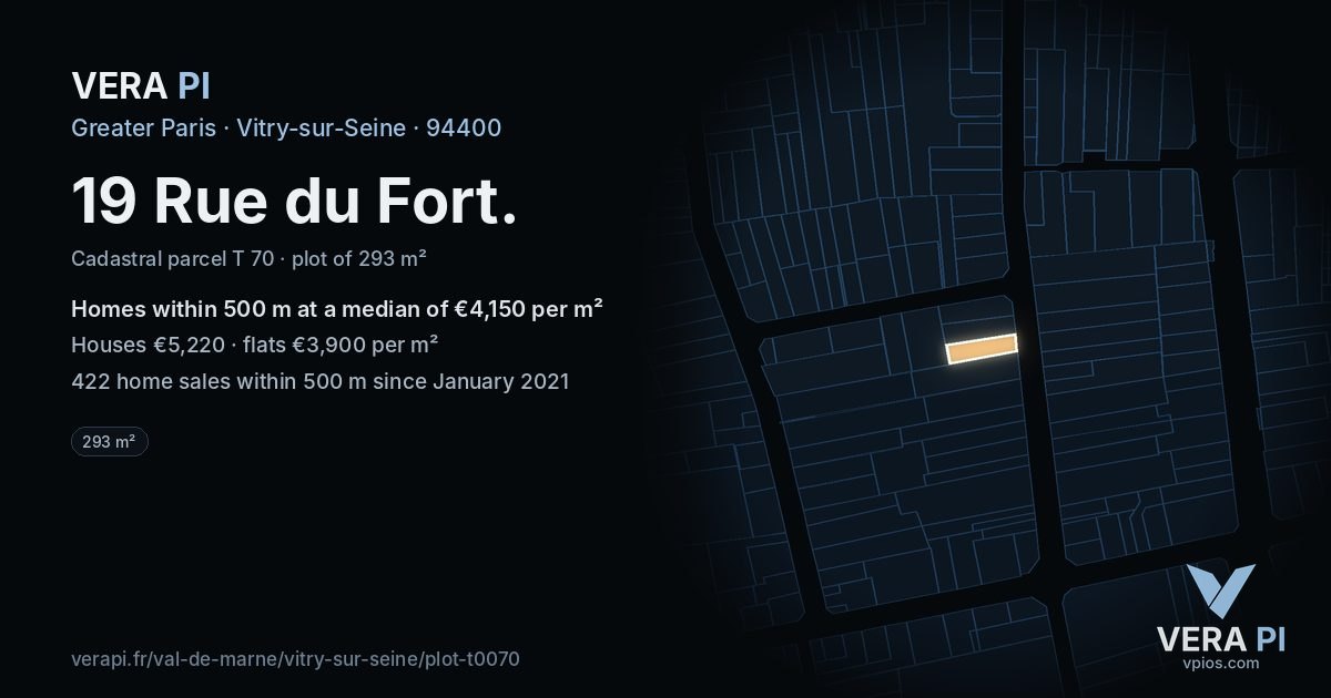 19 Rue du Fort, Vitry-sur-Seine at night – the plot lit, the parcels around coloured by the prices near them