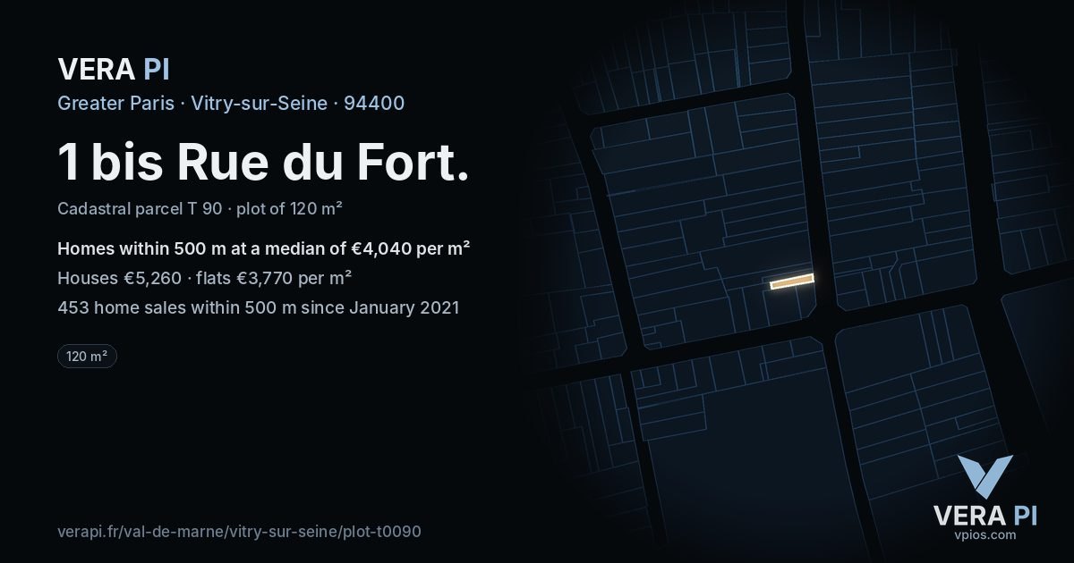 1 bis Rue du Fort, Vitry-sur-Seine at night – the plot lit, the parcels around coloured by the prices near them