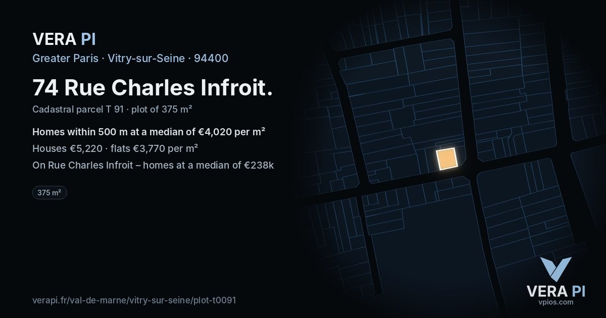 74 Rue Charles Infroit, Vitry-sur-Seine at night – the plot lit, the parcels around coloured by the prices near them