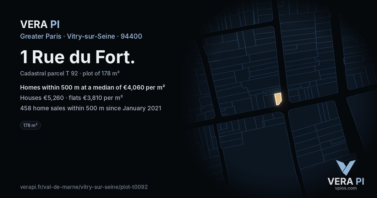 1 Rue du Fort, Vitry-sur-Seine at night – the plot lit, the parcels around coloured by the prices near them