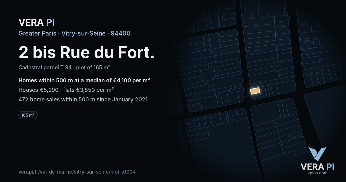 2 bis Rue du Fort, Vitry-sur-Seine at night – the plot lit, the parcels around coloured by the prices near them