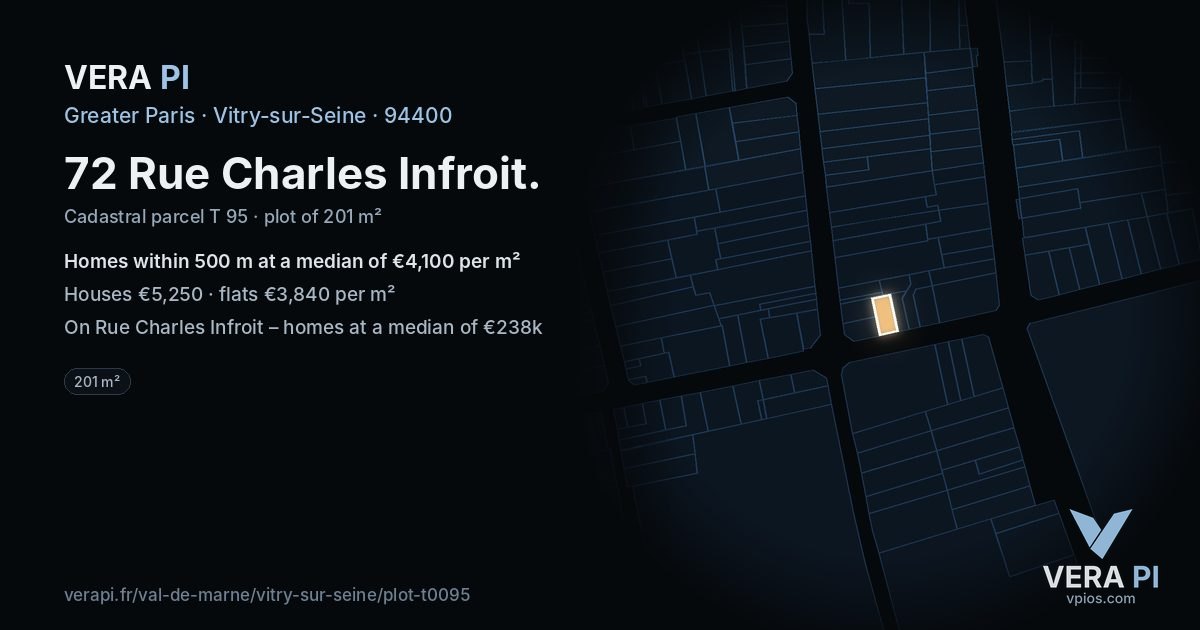 72 Rue Charles Infroit, Vitry-sur-Seine at night – the plot lit, the parcels around coloured by the prices near them