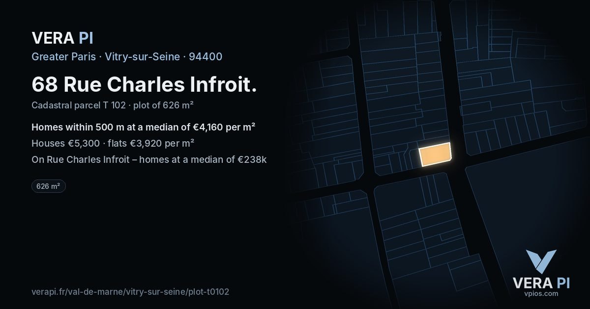 68 Rue Charles Infroit, Vitry-sur-Seine at night – the plot lit, the parcels around coloured by the prices near them