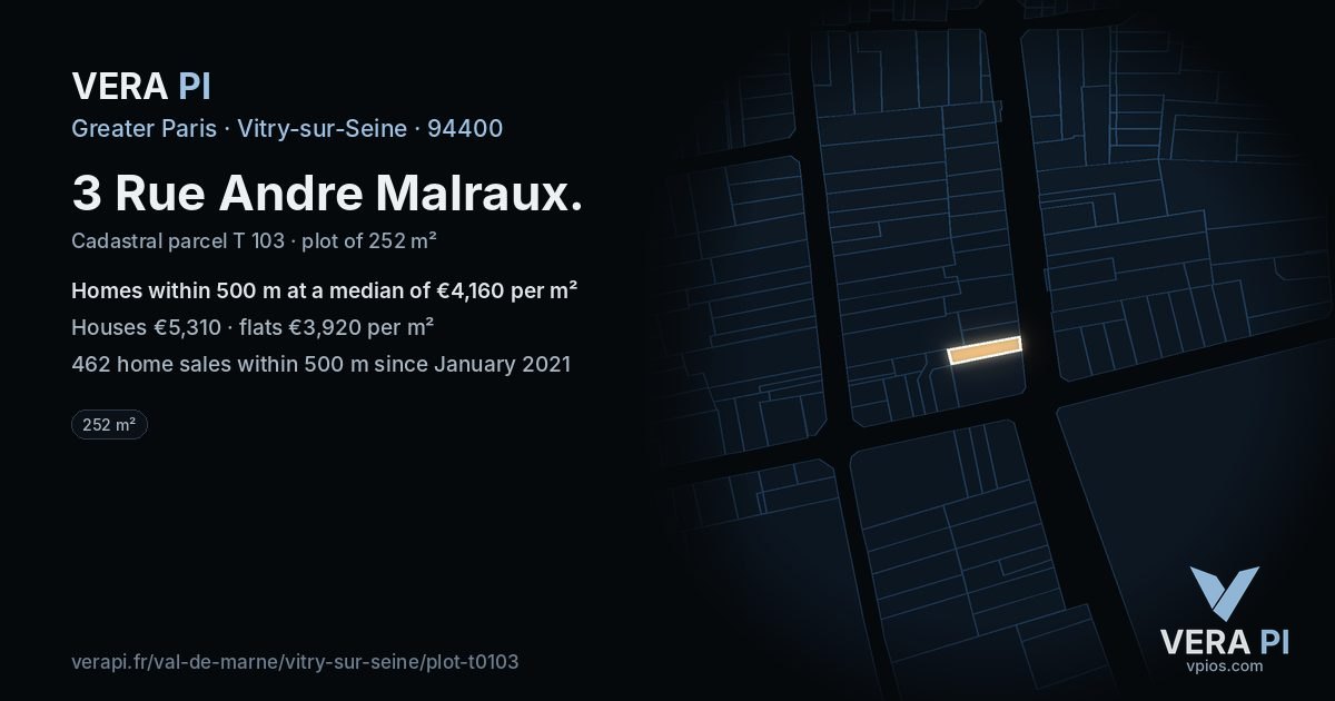 3 Rue Andre Malraux, Vitry-sur-Seine at night – the plot lit, the parcels around coloured by the prices near them