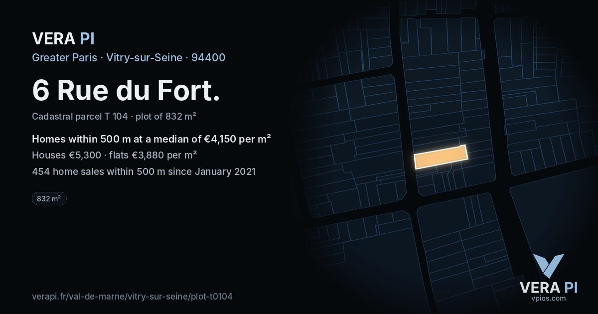 6 Rue du Fort, Vitry-sur-Seine at night – the plot lit, the parcels around coloured by the prices near them