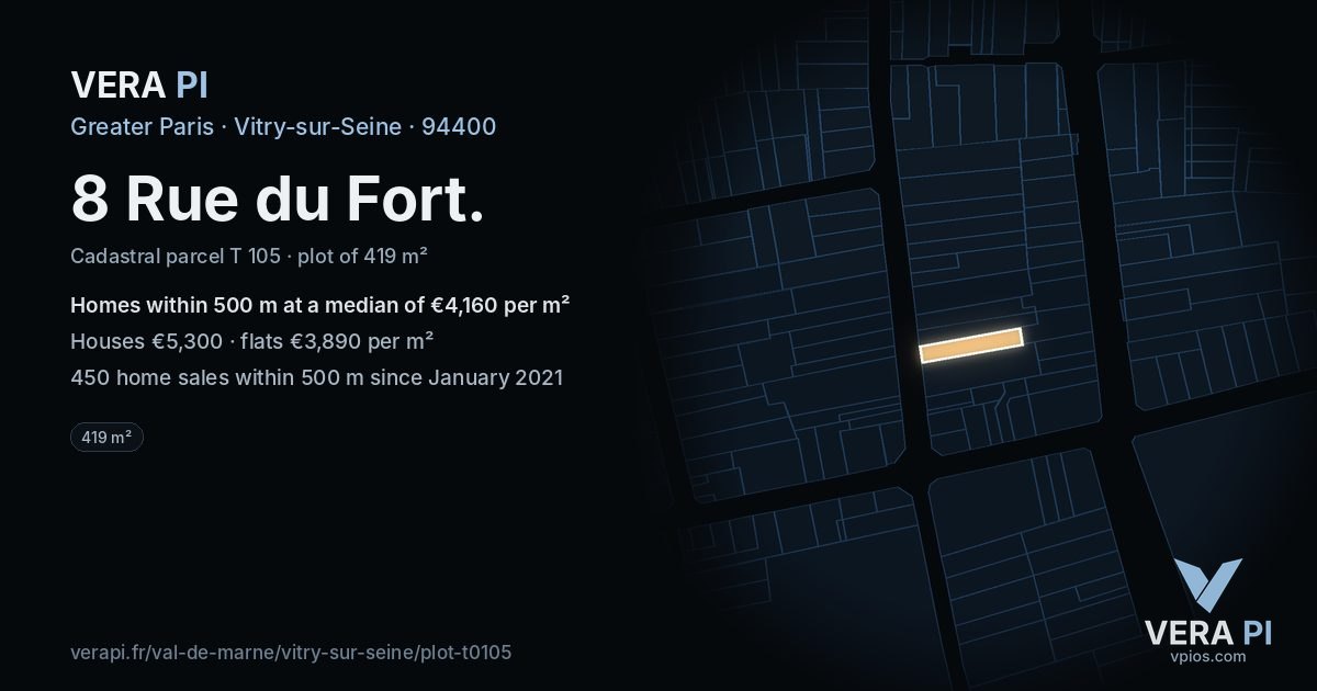 8 Rue du Fort, Vitry-sur-Seine at night – the plot lit, the parcels around coloured by the prices near them