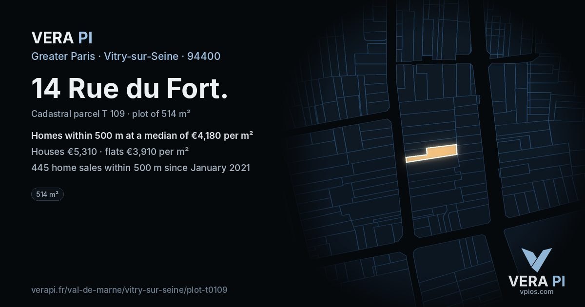14 Rue du Fort, Vitry-sur-Seine at night – the plot lit, the parcels around coloured by the prices near them