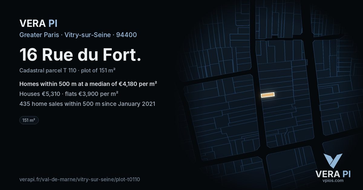 16 Rue du Fort, Vitry-sur-Seine at night – the plot lit, the parcels around coloured by the prices near them