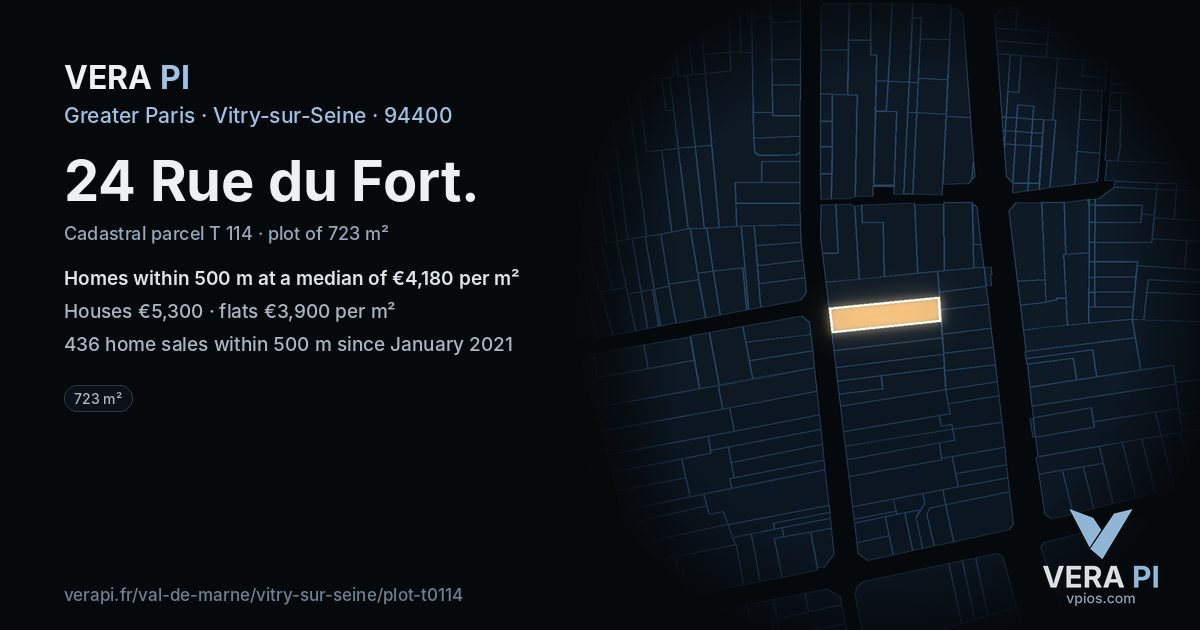 24 Rue du Fort, Vitry-sur-Seine at night – the plot lit, the parcels around coloured by the prices near them