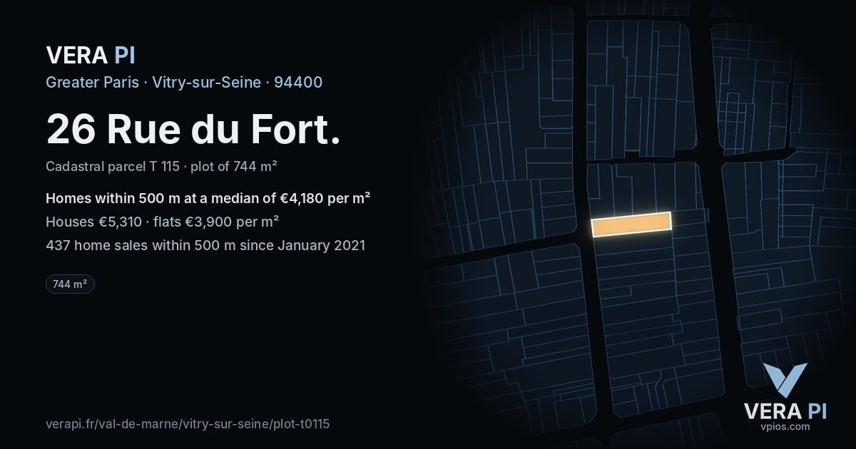 26 Rue du Fort, Vitry-sur-Seine at night – the plot lit, the parcels around coloured by the prices near them