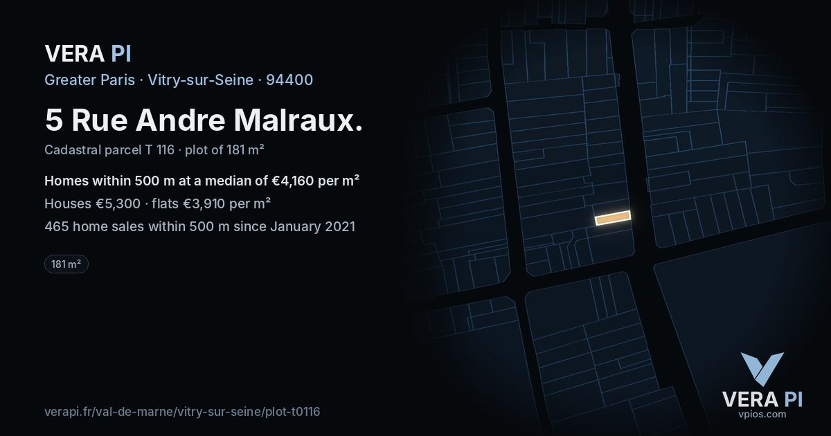 5 Rue Andre Malraux, Vitry-sur-Seine at night – the plot lit, the parcels around coloured by the prices near them