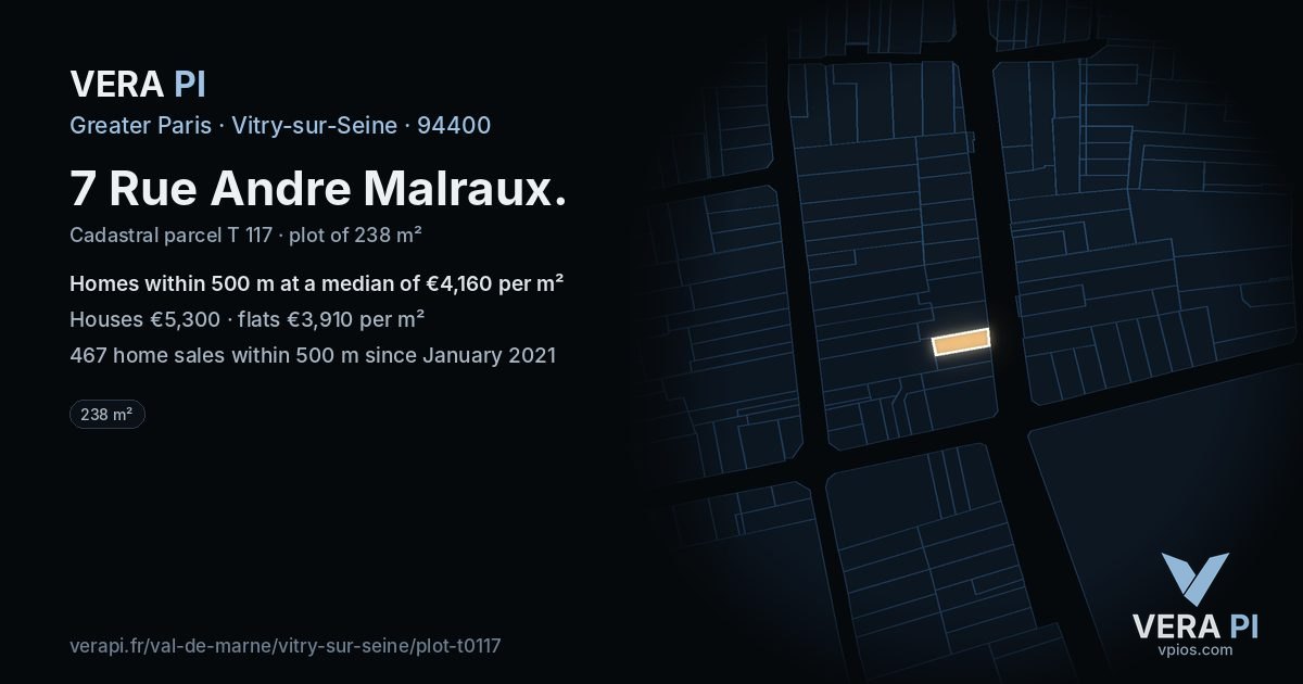 7 Rue Andre Malraux, Vitry-sur-Seine at night – the plot lit, the parcels around coloured by the prices near them