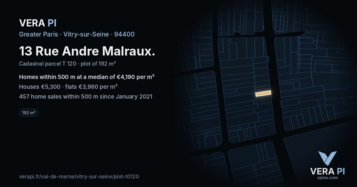 13 Rue Andre Malraux, Vitry-sur-Seine at night – the plot lit, the parcels around coloured by the prices near them